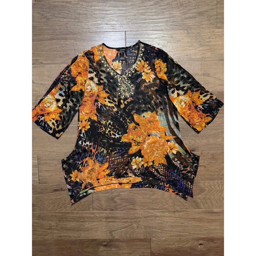 Ali Miles Womens Sheer Mesh Animal Floral Sharkbite Tunic Top Gold Studded Med M